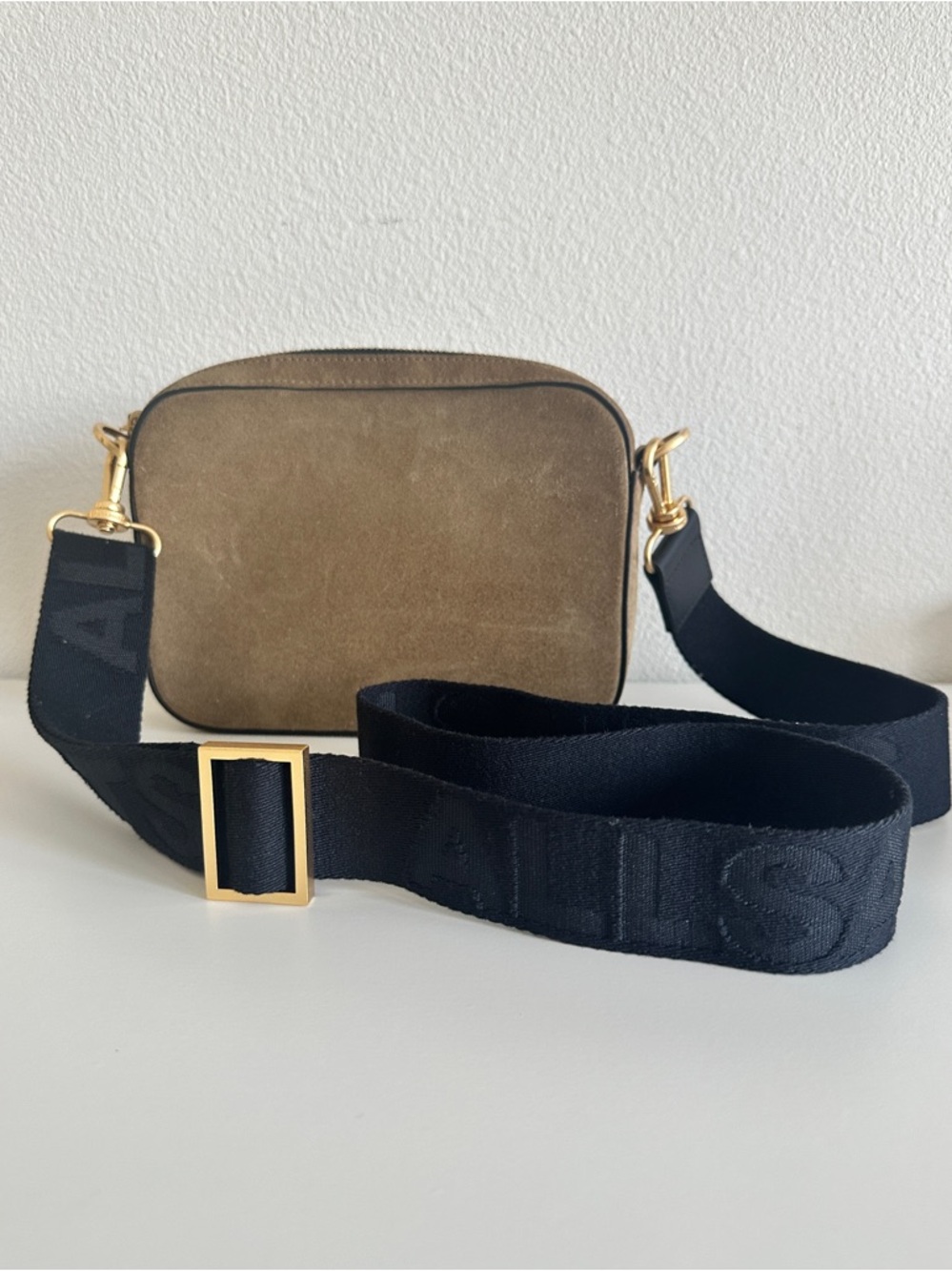 AllSaints Taupe Suede Crossbody with Gold Hardware